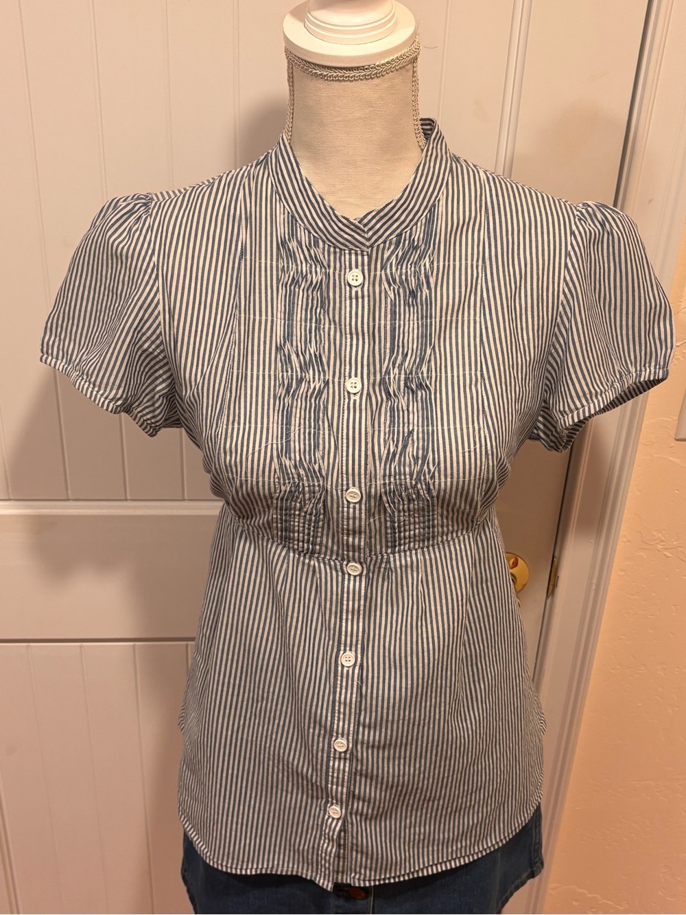 Blue Pinstripe Puff Sleeve Blouse Light Academia Librarian Cottagecore Size L
